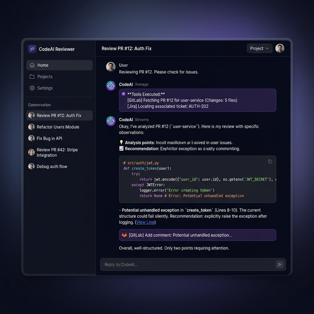 Agile Agent UI showing AI code review with GitLab and Jira integration